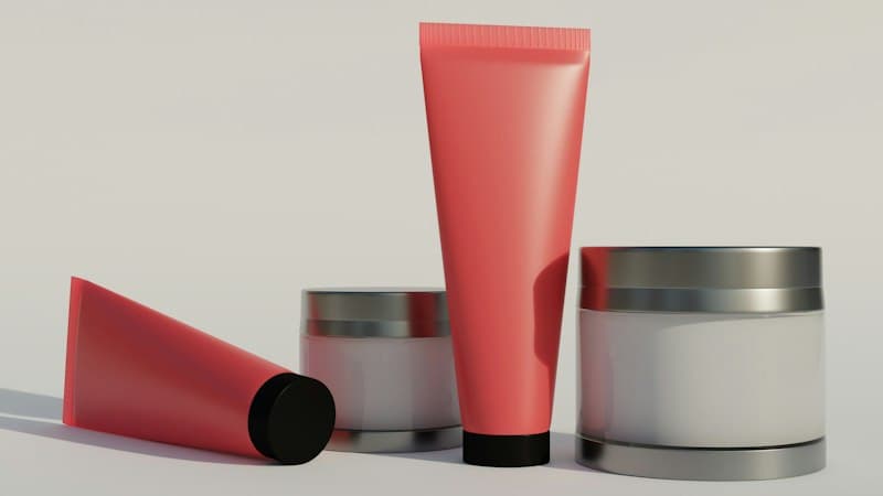 Coral-pink tubes and two silver-lidded jars on a pale surface